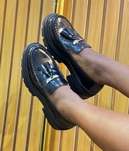 ZARA PATENT LEATHER TASSEL CHUNKY SHOES IN BLACK